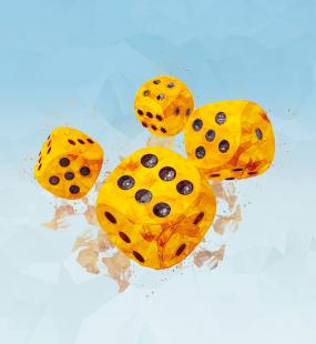 An illustration of four dice in motion, as through in mid-roll