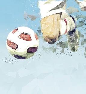 An illustration of a close-up of a footballer about to kick a moving ball