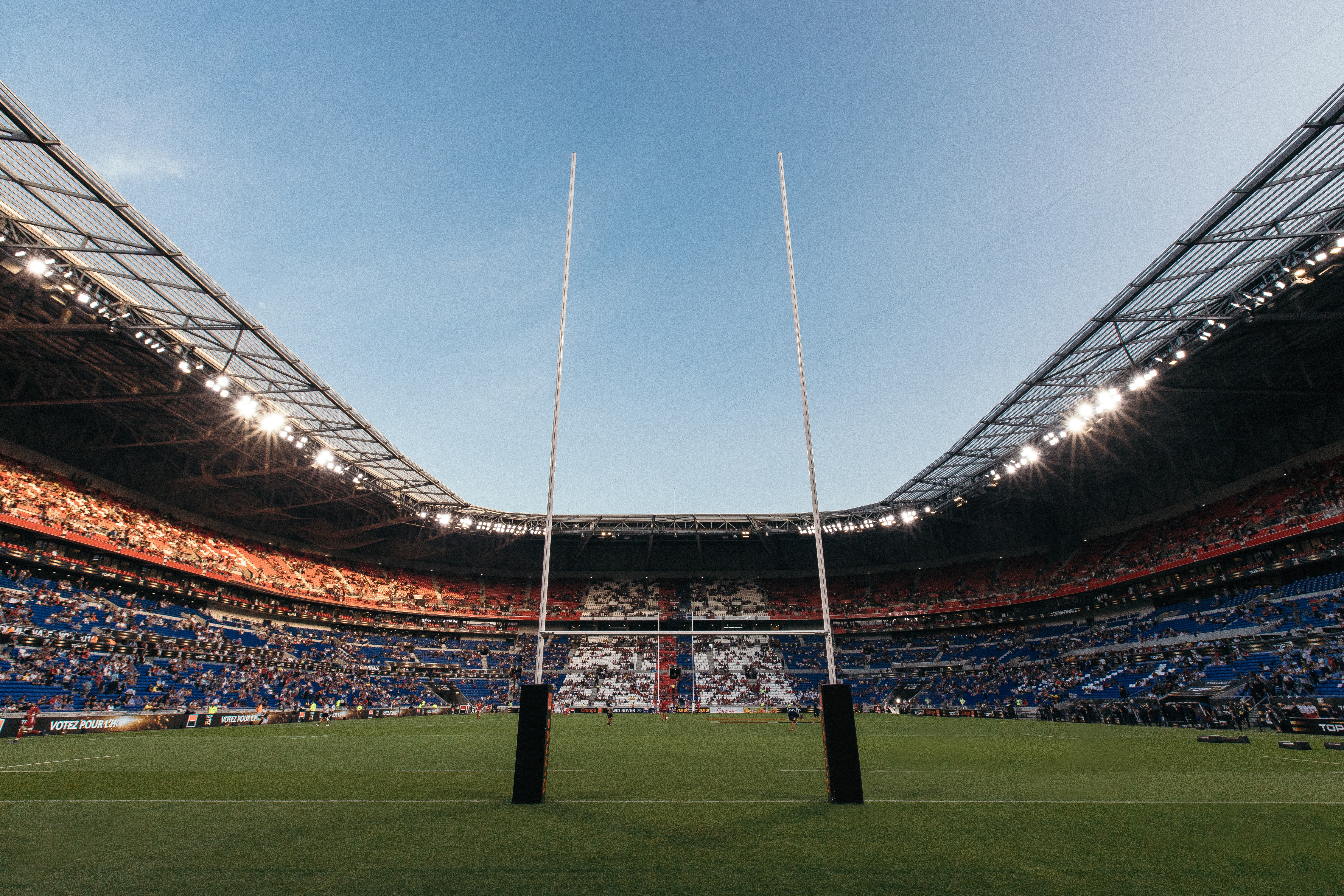 A set of rugby goal posts in a stadium